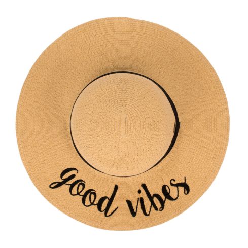 Beach Hat paper straw wide brim with ribbon-Good Vibes
