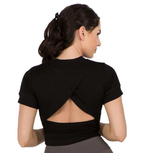 Judson & Co  Women's Black Surplice Cut Out Back Crop Top