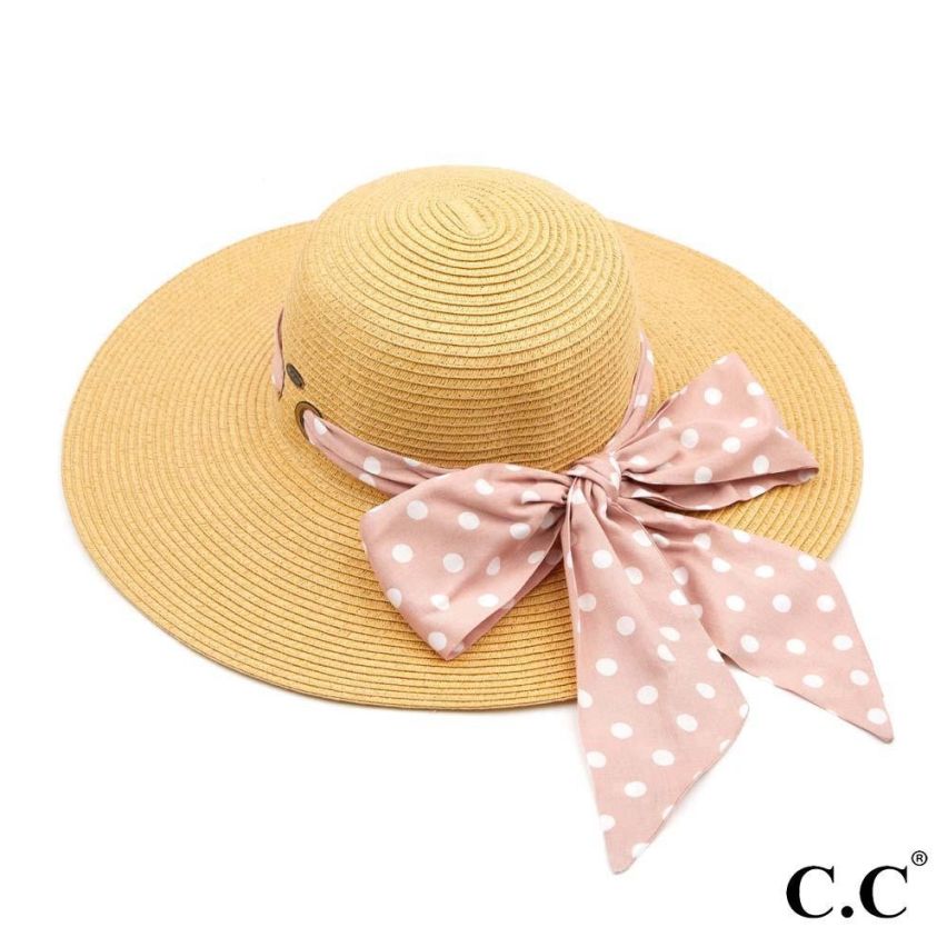 Paper straw wide brim hat with decorative pull through sash scarf