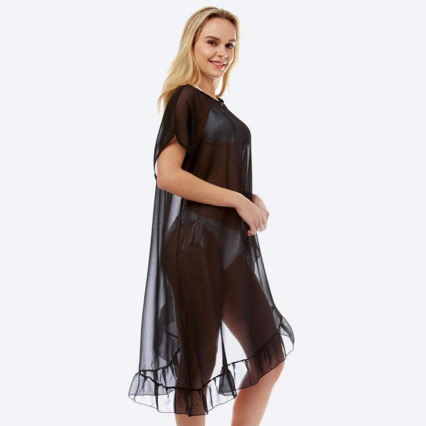 Women's lightweight Black Sheer half ruffle Cover Up Kimono