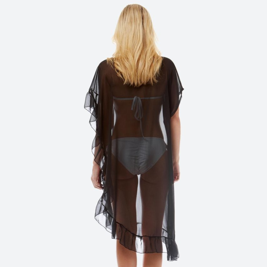 Women's lightweight Black Sheer half ruffle Cover Up Kimono