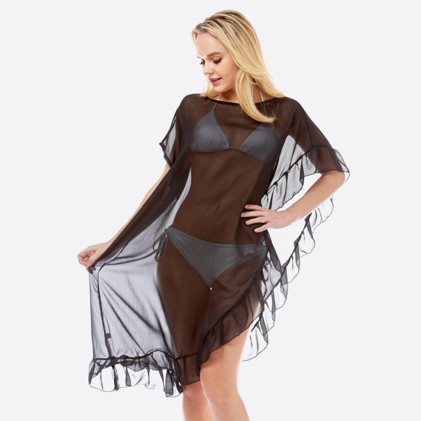 Women's lightweight Black Sheer half ruffle Cover Up Kimono