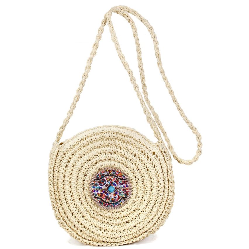 Round paper straw woven handbag 