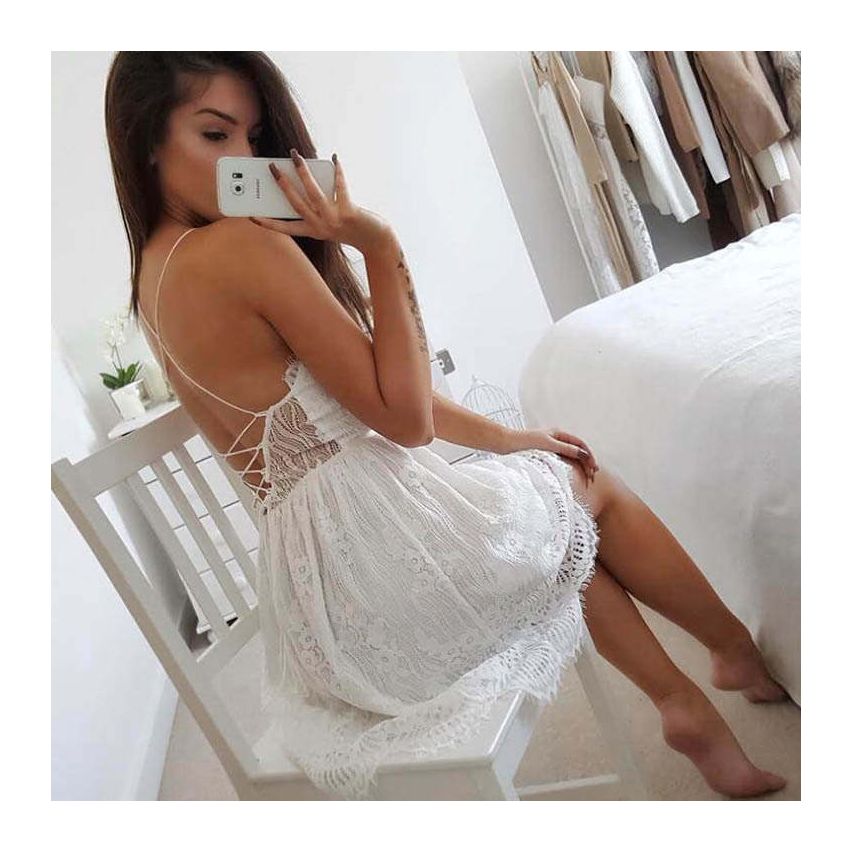 Amber Dress - White Lace Strap Dress