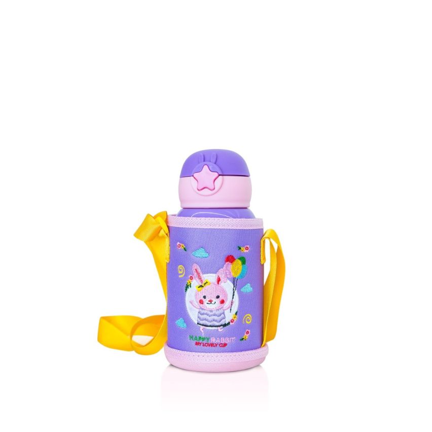 Waicee Happy Little Rabbit Water Bottle with Straw and Outer Bag 600ml - Purple