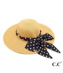 Paper straw wide brim hat with decorative pull through sash scarf